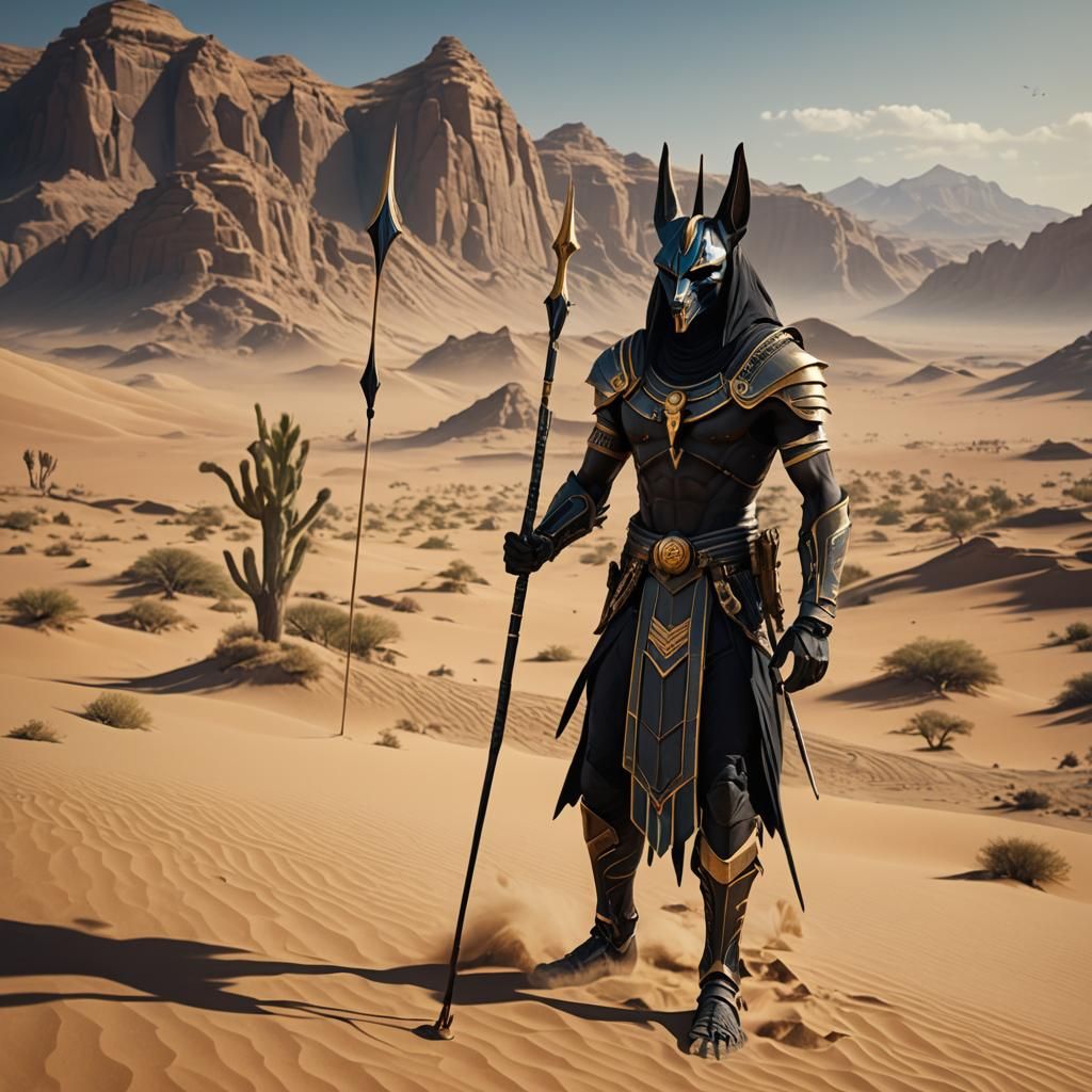 Anubis-like Figure with Spear in Desert Landscape