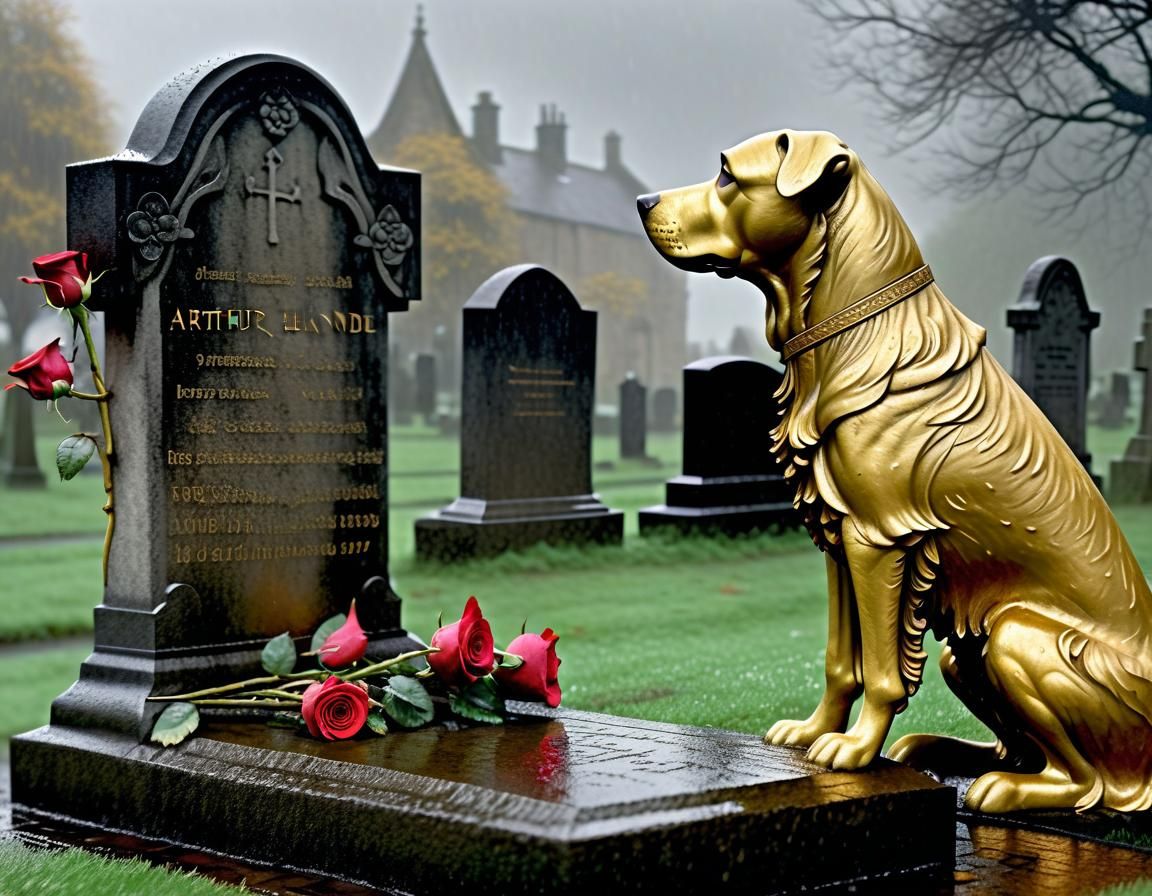 Dog with Roses at Gravestone, Arthur Rackham Style