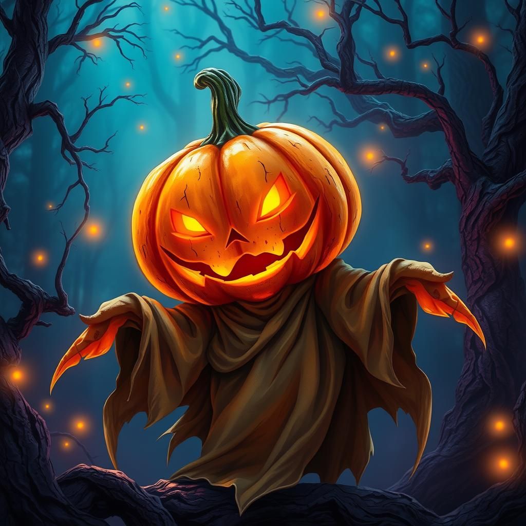 Whimsical Pumpkin Ghost in Ethereal Autumn Forest