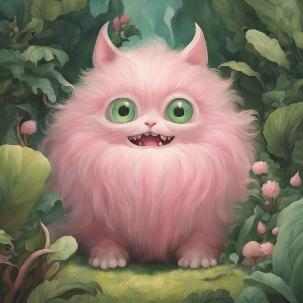 Adorable Pink Cat Monster in Garden Illustration