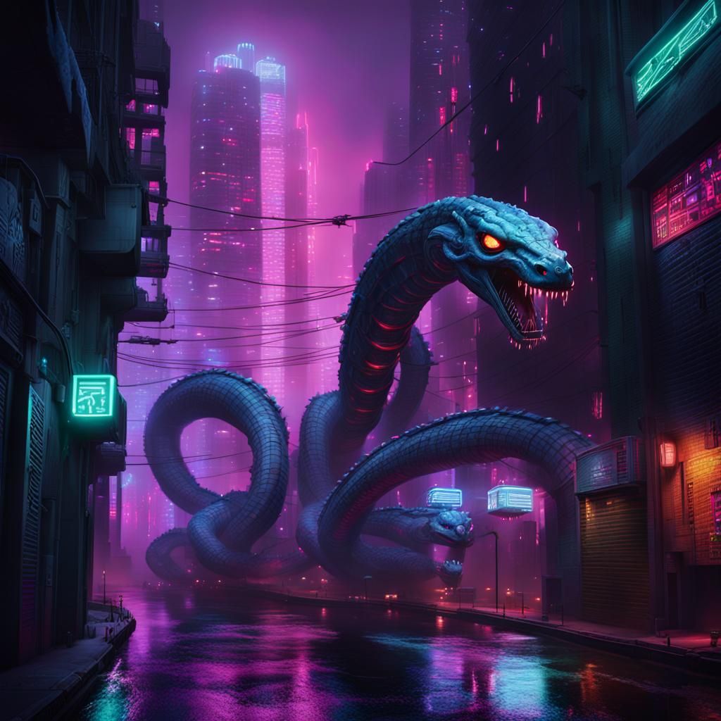 Cyberpunk Hydra Rising in Neon Cityscape