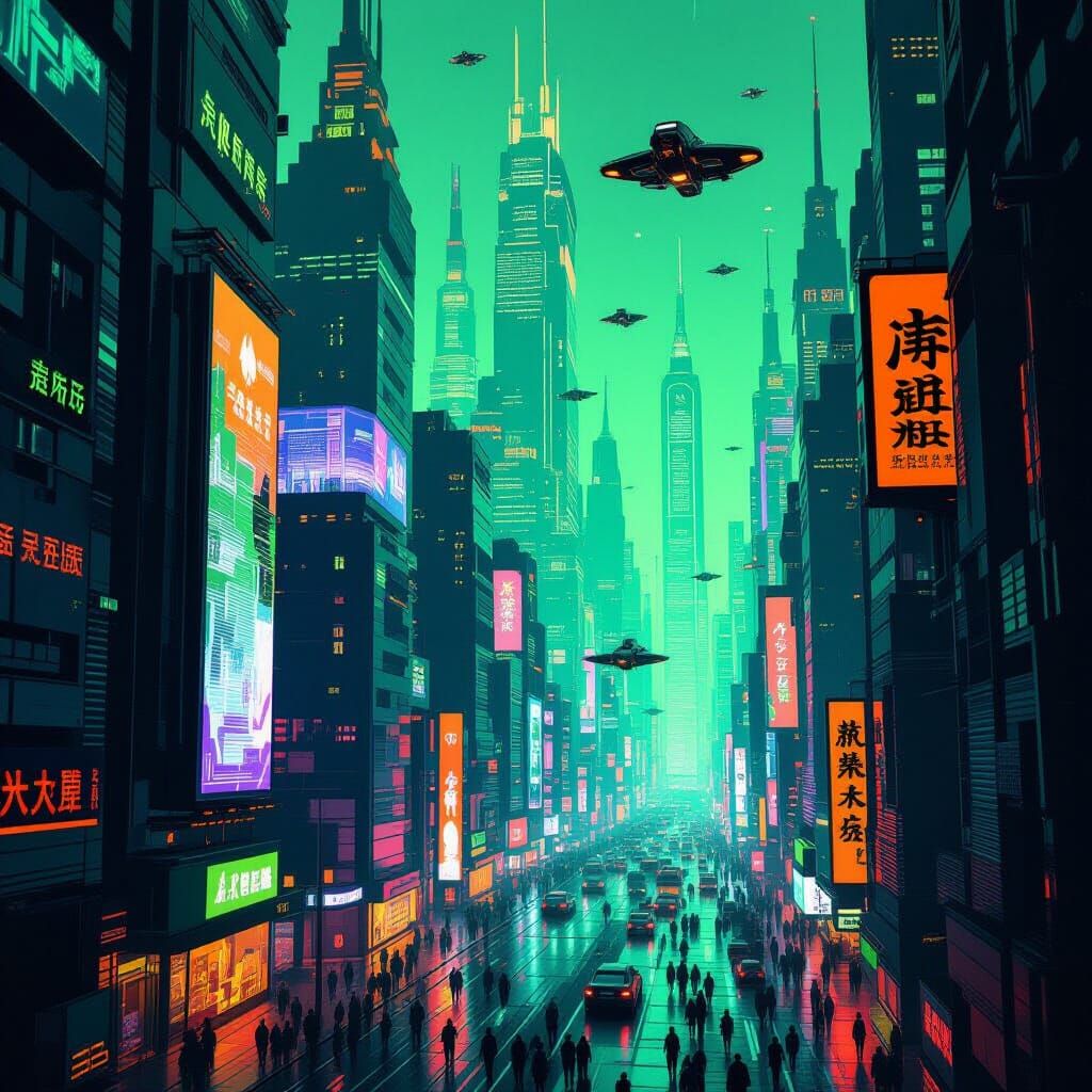 Futuristic Cityscape with Neon Lights and Flying Vehicles