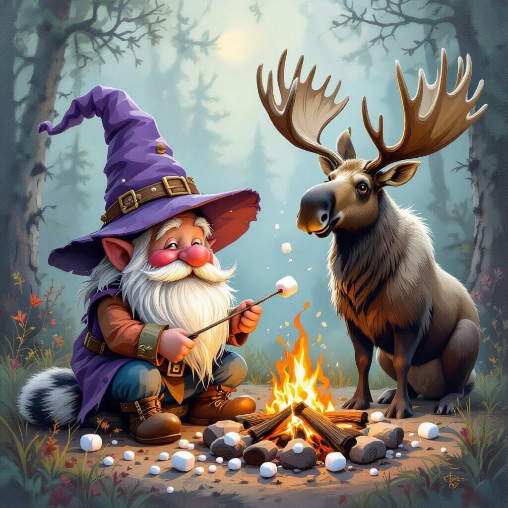 Drunk Gnome Serenaded by Singing Moose by Firelight