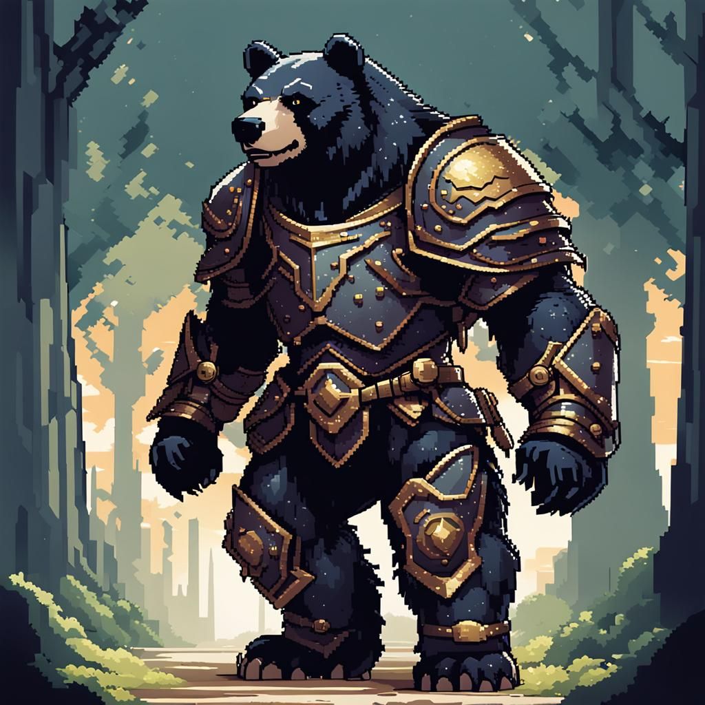 Cute Armored Bear in 2D Pixel Art Style