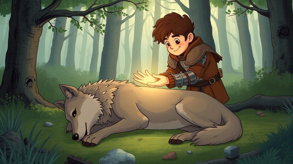 Man Heals Wolf in Forest: Children's Book Illustration