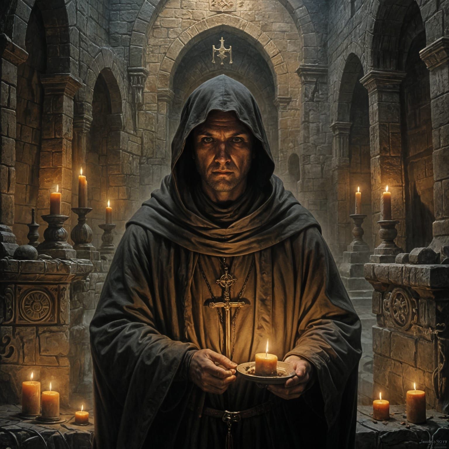 Medieval Monk in Brown Habit Oil Painting