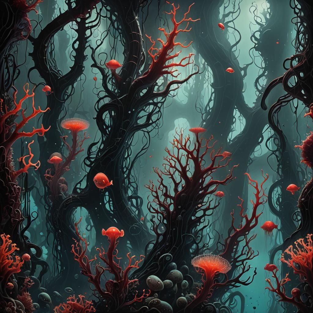 Gothic Bioluminescent Underwater Ecosystem in Crimson Abyss
