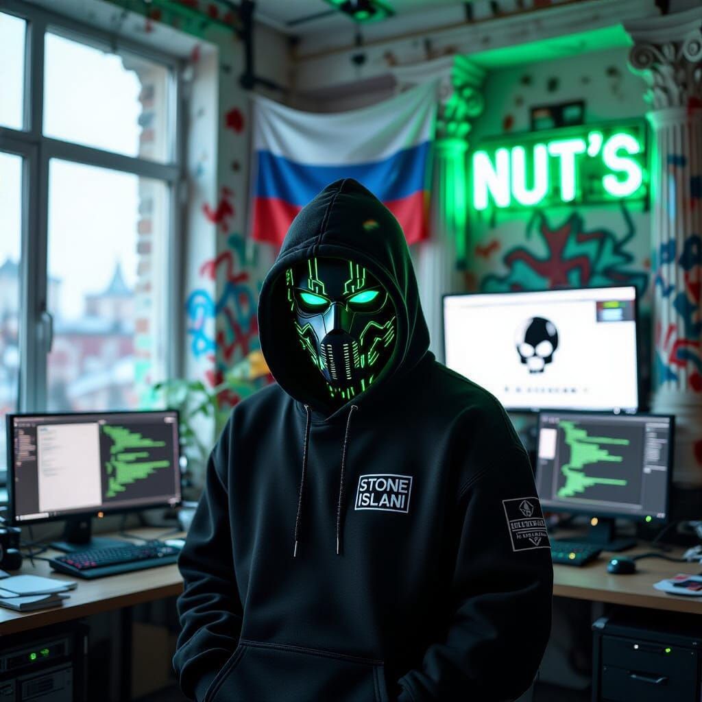 Cyberpunk Hacker in Moscow Loft with Neon Signs