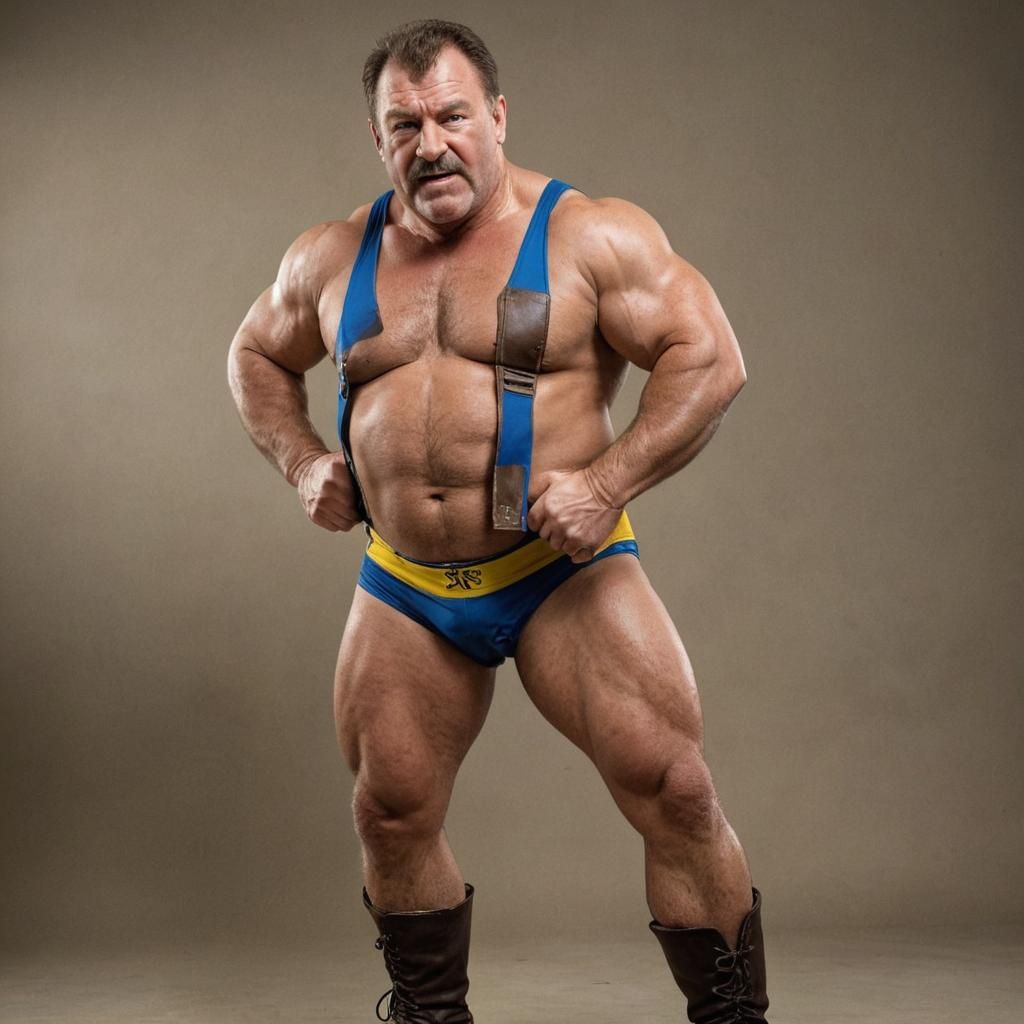 Bavarian Wrestler Posing Victorious in Bodybuilding Photogra...