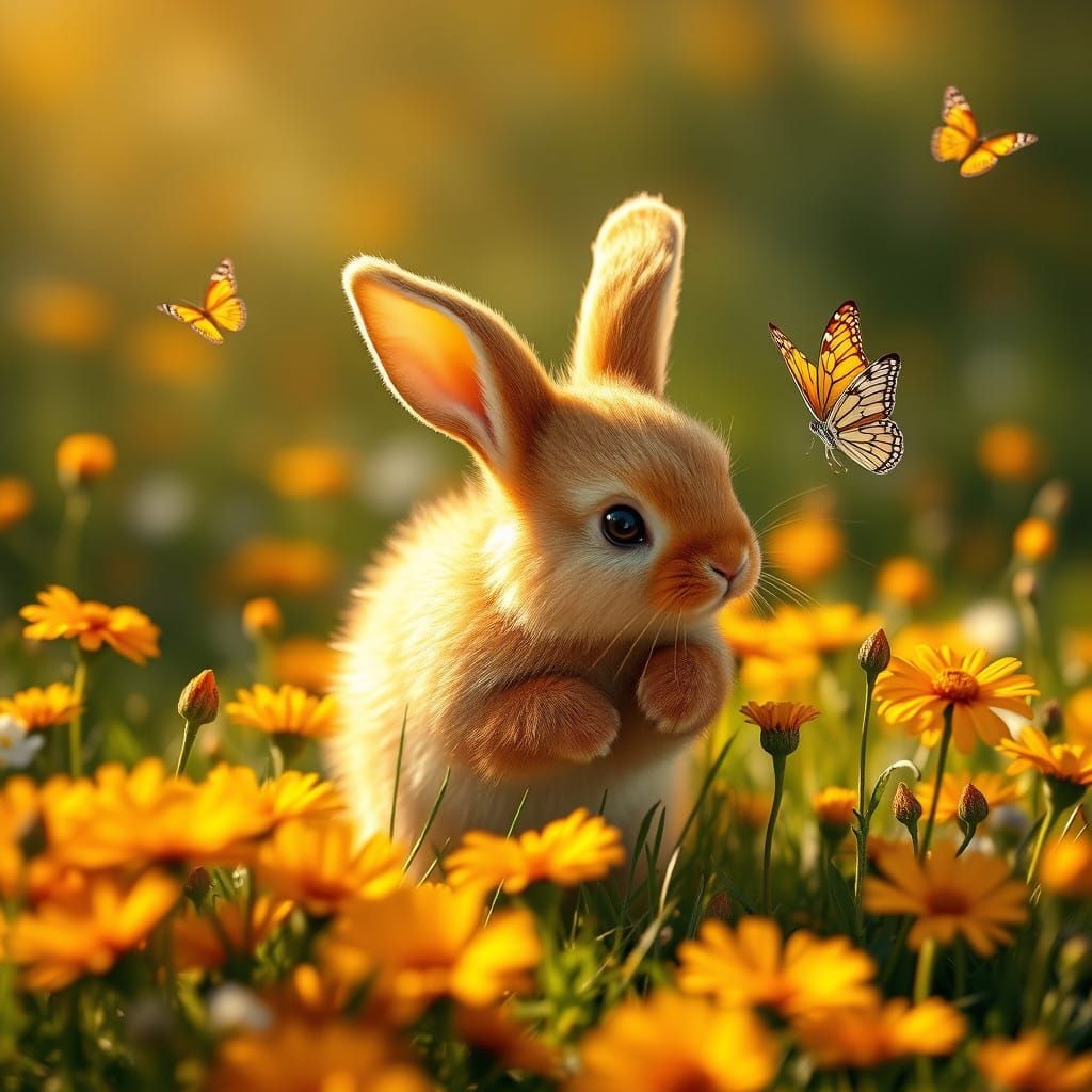 Whimsical Orange Bunny in a Sunlit Meadow