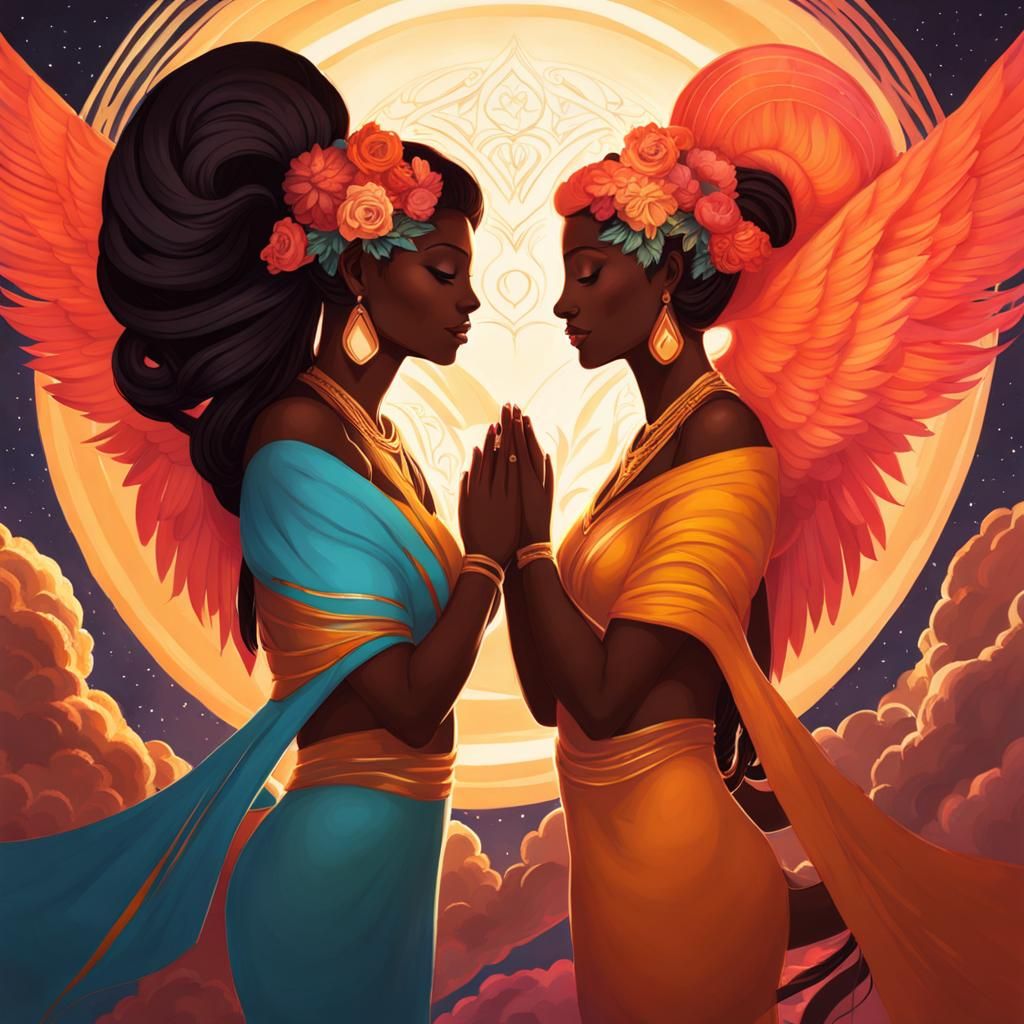 Benevolent Goddesses in Loving Embrace Concept Art