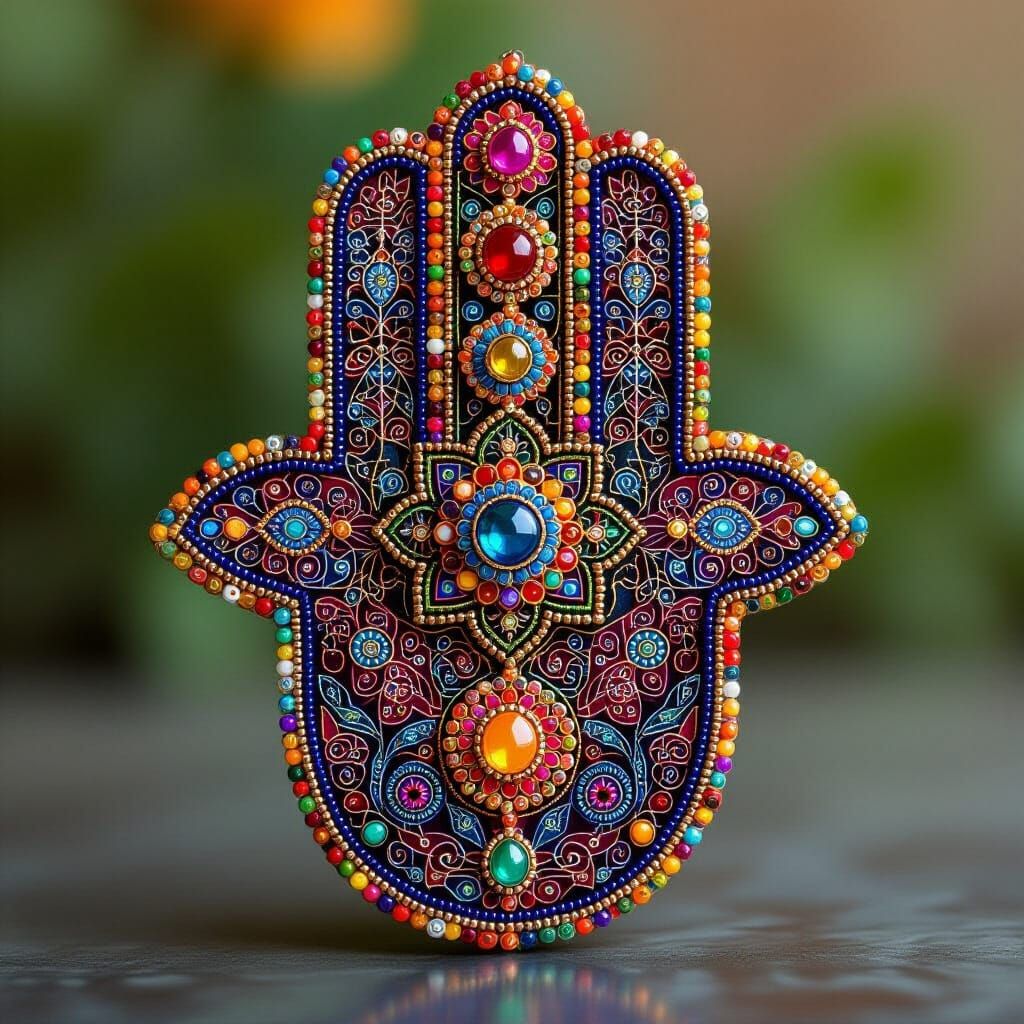 Ornate Beaded Hamsa Hand in Geometric Style