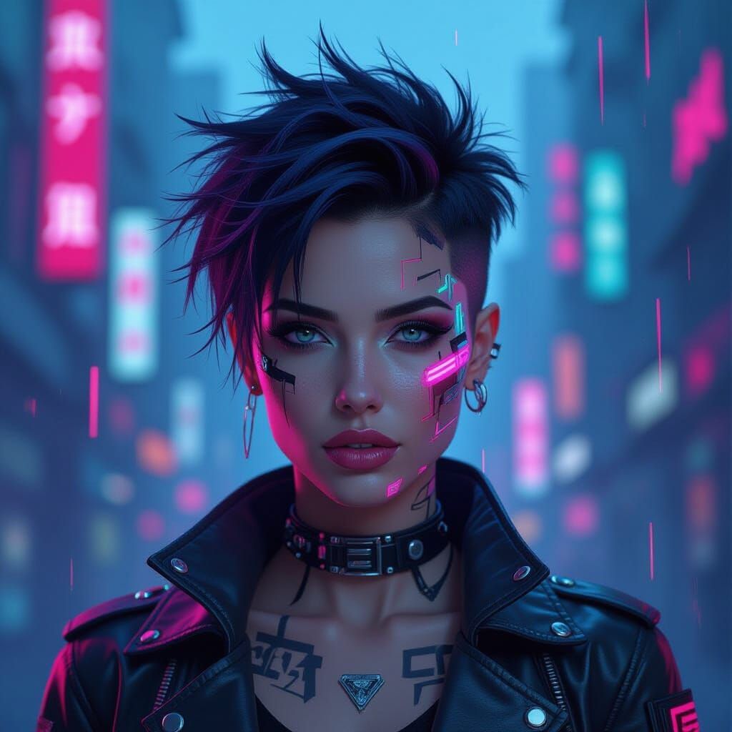 Cyberpunk Woman Portrait in Glitch Art Style