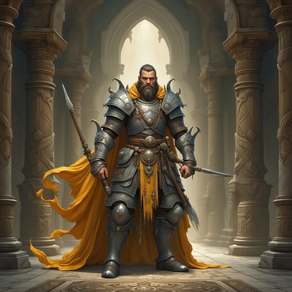 Knight in Silver Armor Defends Temple Doorway