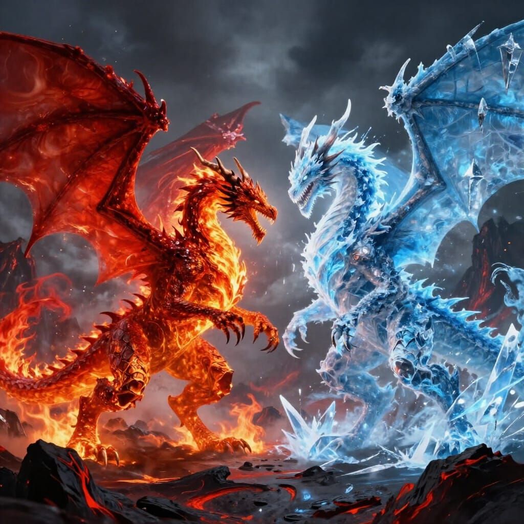 Epic Fire and Ice Dragon Battle in Volcanic Landscape