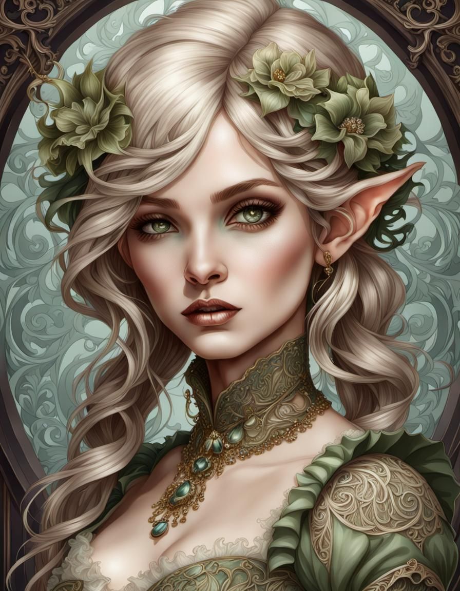 Elf Girl Portrait in Victorian Art Nouveau Style