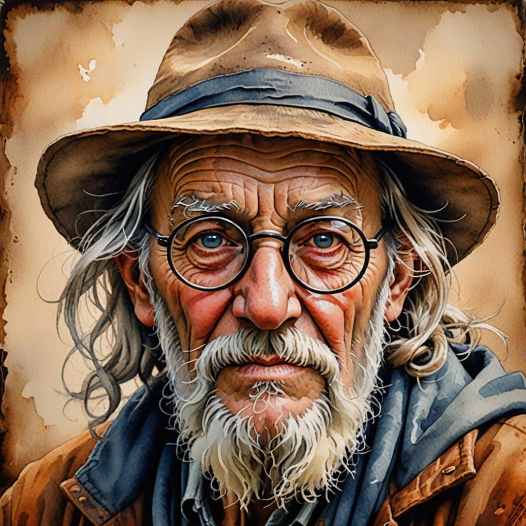 Realistic Portrait of an Old Man in a Hat and Glasses