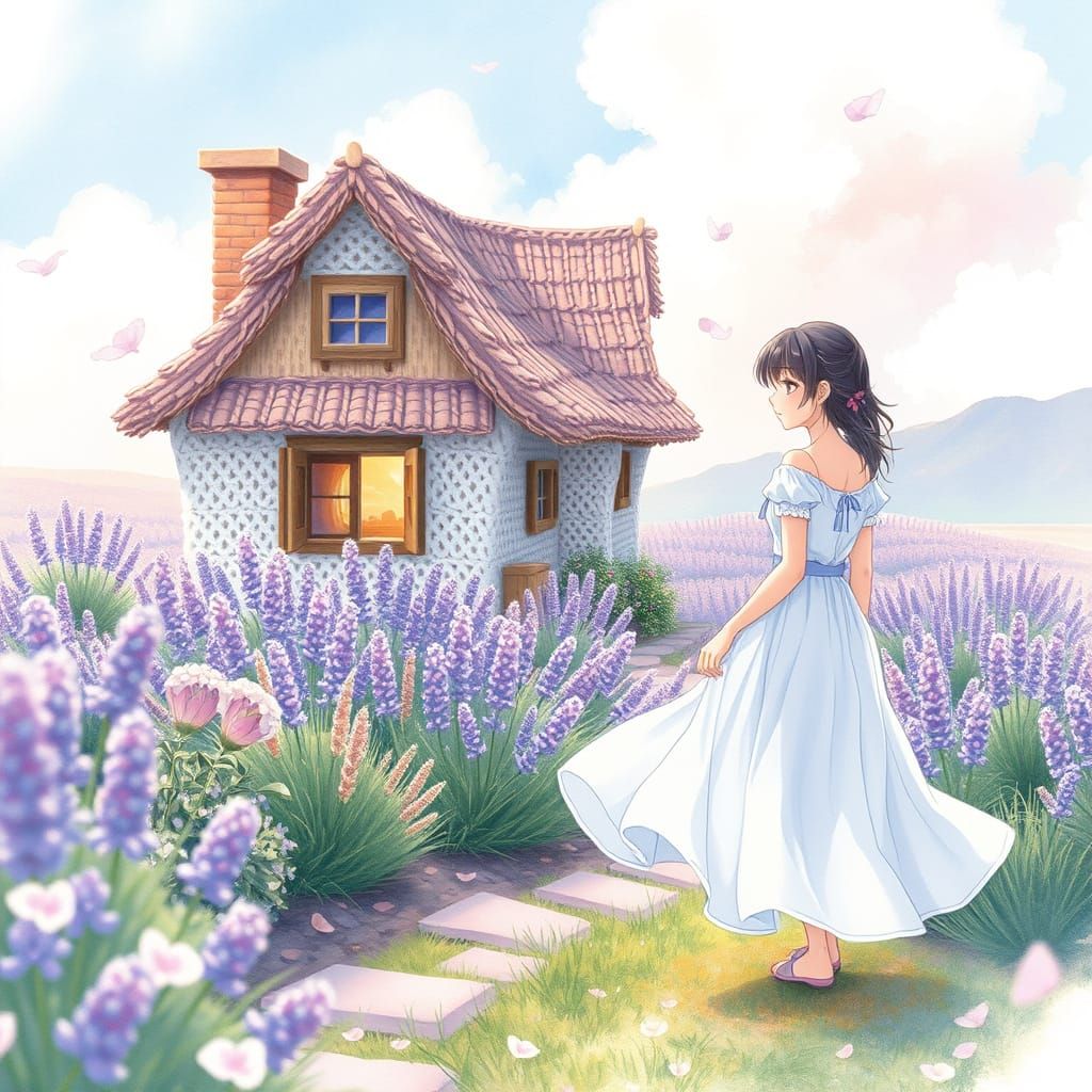 Anime Girl in Whimsical Crochet House with Lavender Farm
