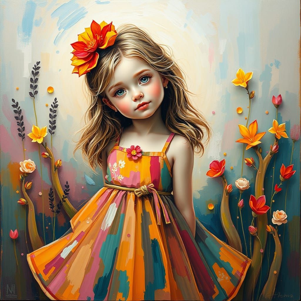 Vibrant Girl in Flowy Dress as Impasto Acrylic Painting