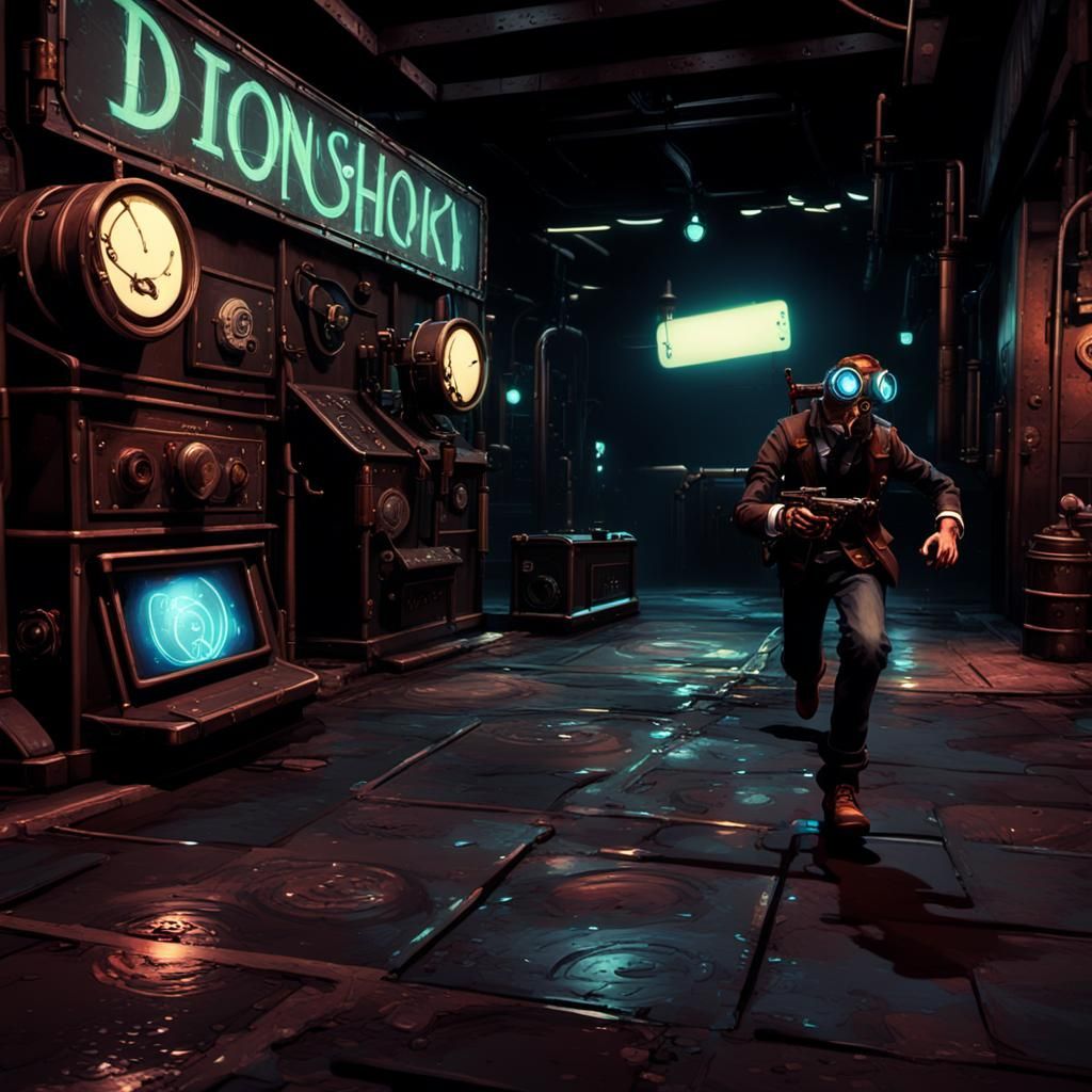 Steampunk Character Running from Danger in Gritty City