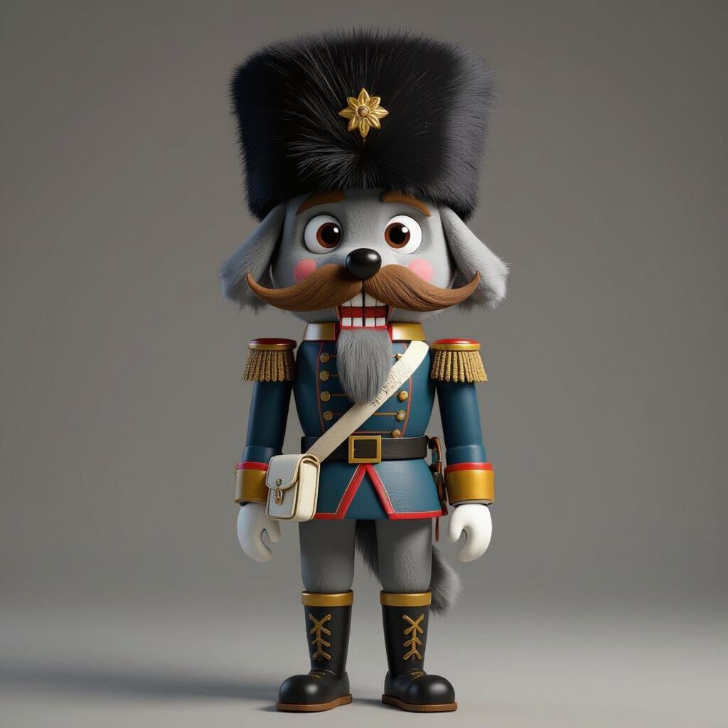 Cartoon Dog as Wooden Nutcracker Guard in Detailed Matte Sty...