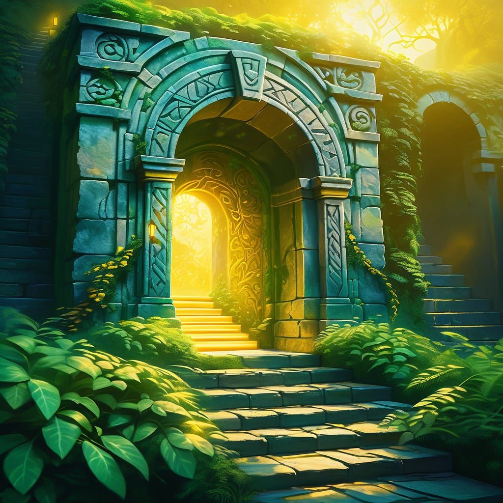 Mystical Stone Portal with Glowing Runes in Oil Painting Sty...