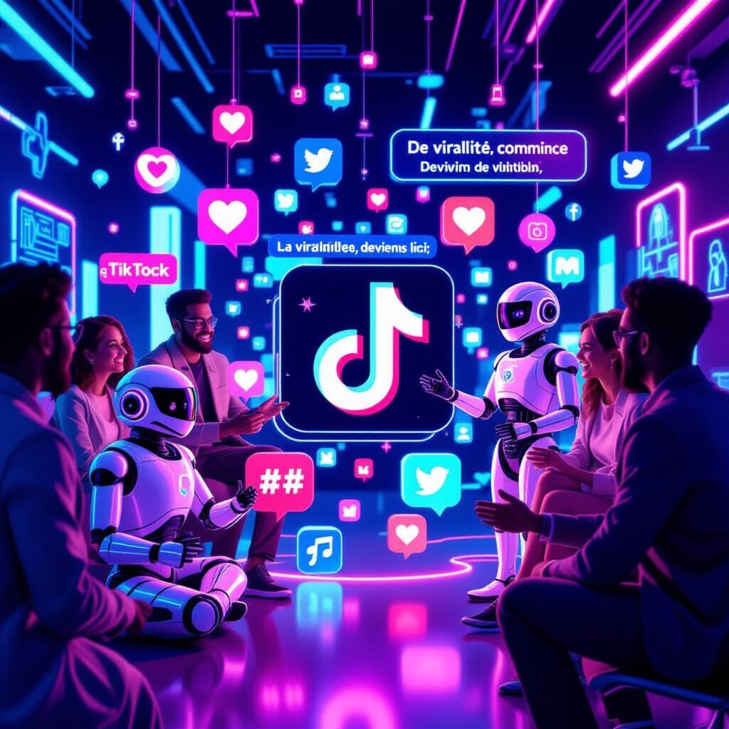 AI 3D Render: People & Robots with Glowing Social Icons