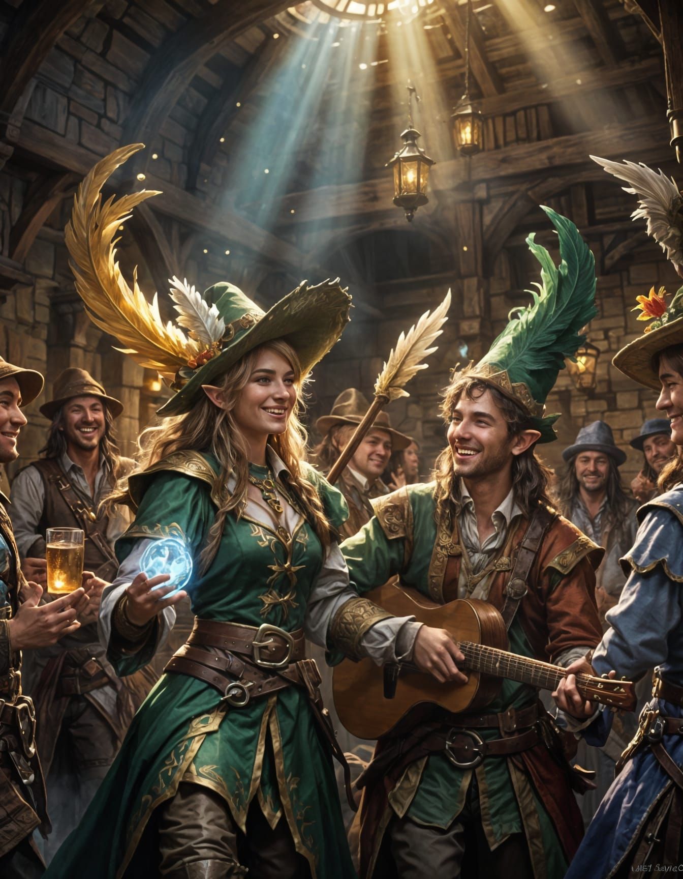 Cheerful Elf Bard in a Sunlit Tavern