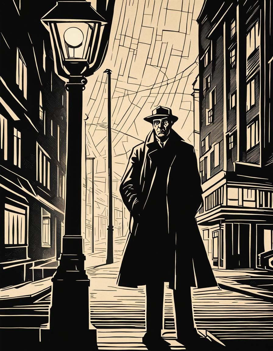 1930s Man Under Streetlight in Woodcut Style