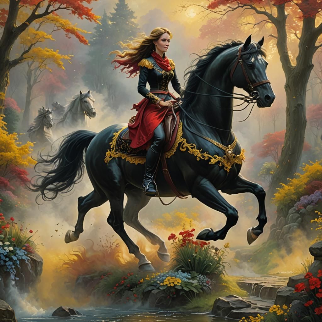 Ethereal Fantasy: Yellow Woman on Black and Red Horse