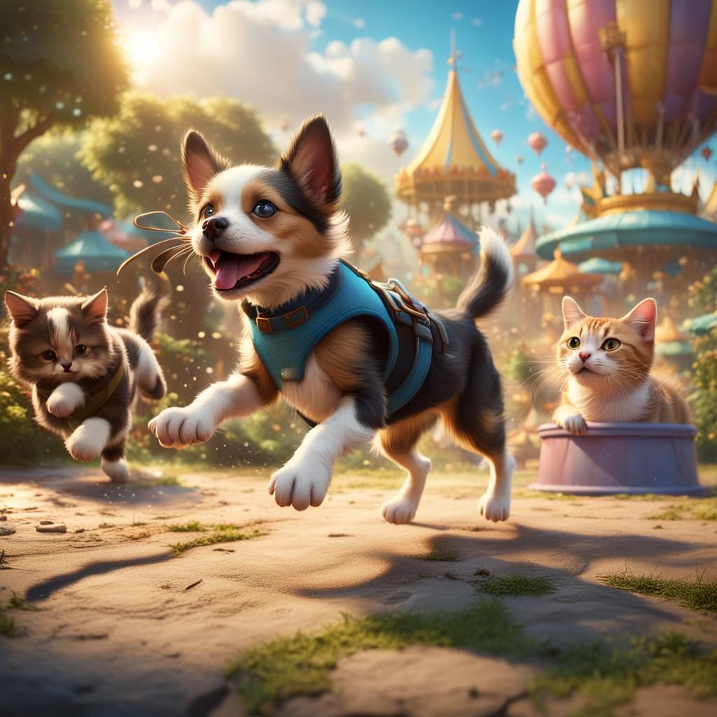 Playful Dog and Cat in Fun Park: Fantasy Art