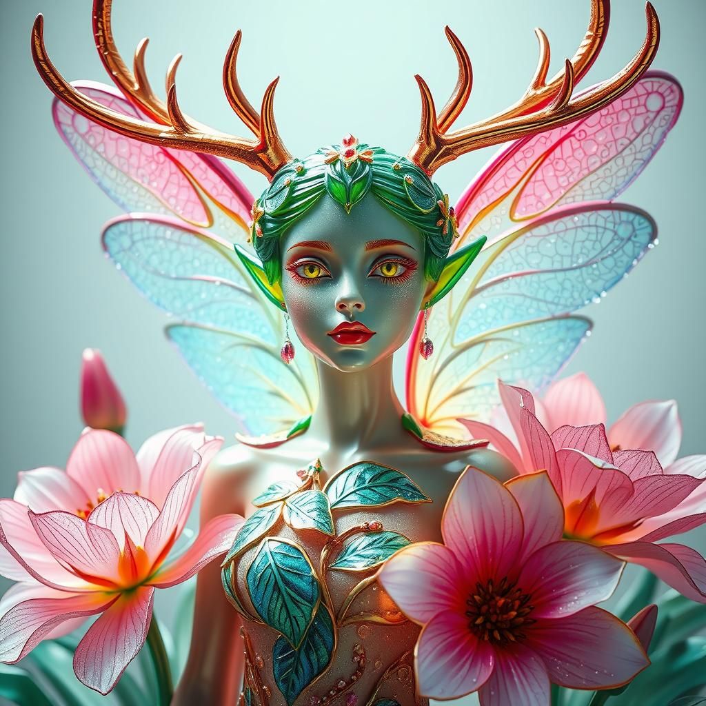 Glass Fairy Woman with Antlers in Neon Pastel