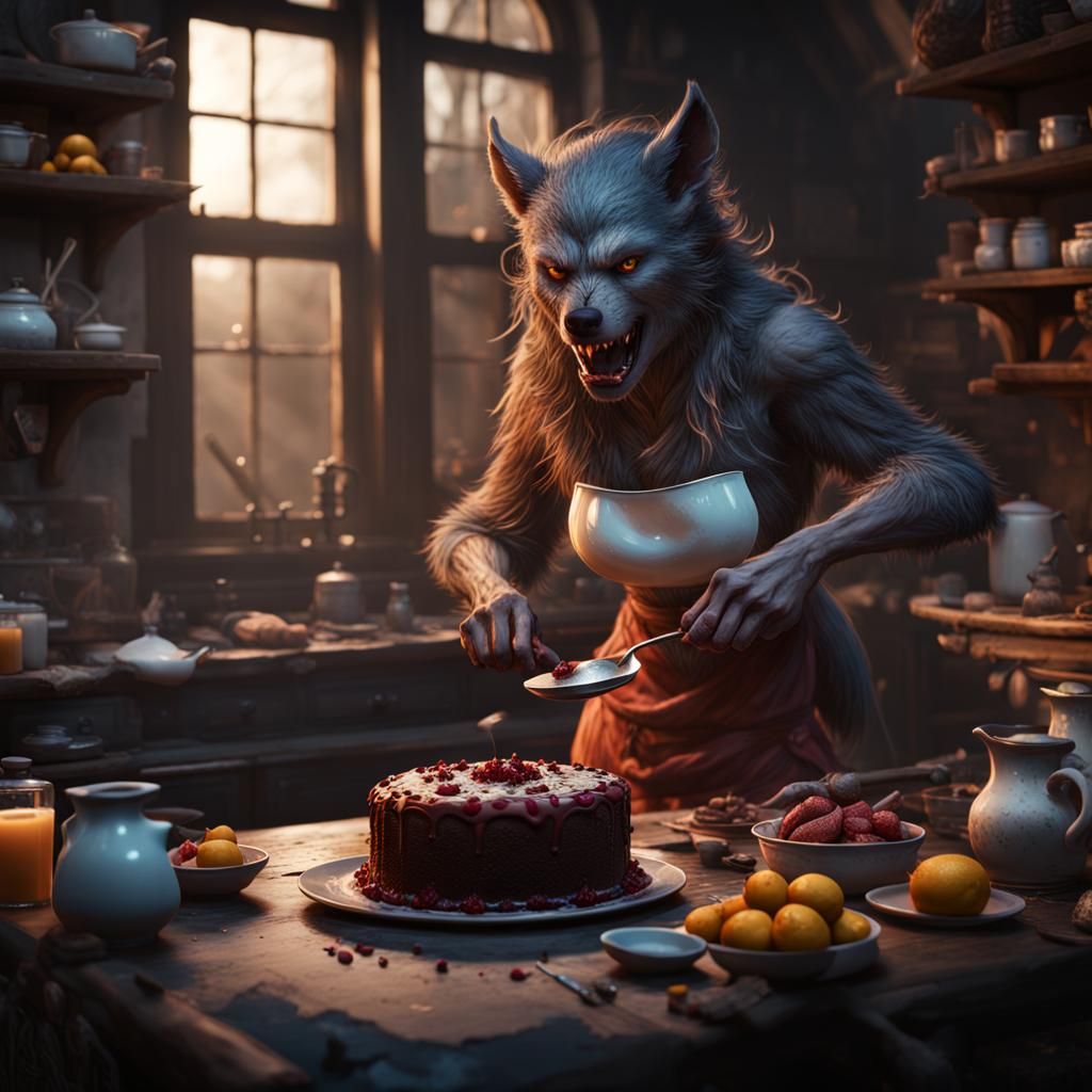 Female Werewolf Bakes Cake: Fantasy Concept Art