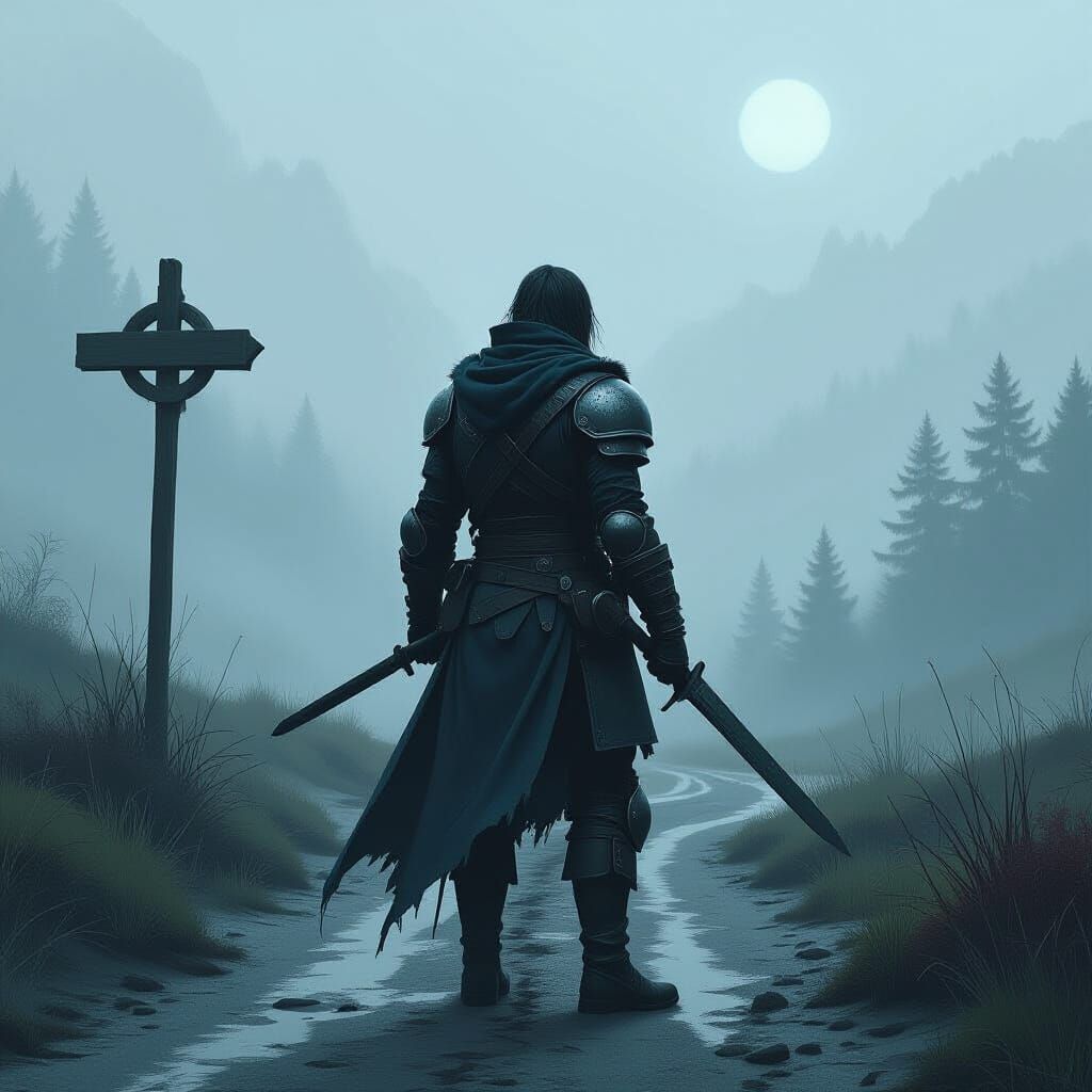 Crossroads Warrior: Atmospheric Digital Art