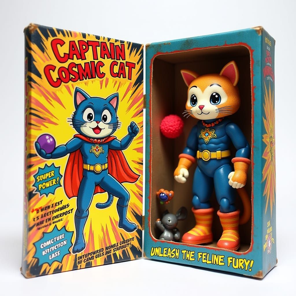 Captain Cosmic Cat Action Figure Box in Vibrant Comic-Book S...