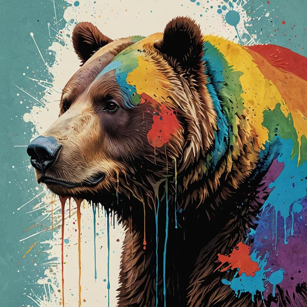 Psychedelic Rainbow Bear Portrait in Graffiti Style
