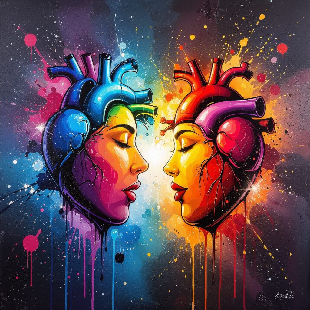 Colliding Hearts Souls Graffiti Art Explodes with Color