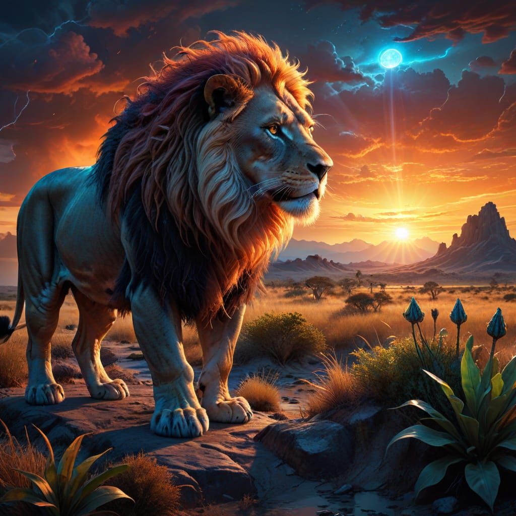Majestic Lion on Alien Savanna Under Binary Sunset