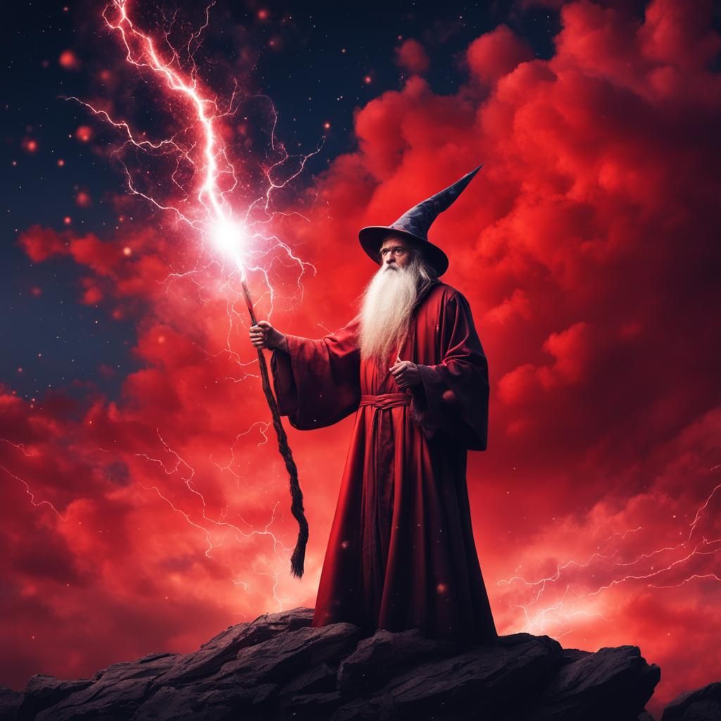 Wizard Generates Thunder Under Red Starry Sky