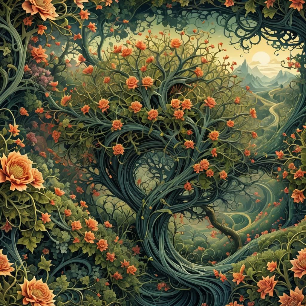 Abstract Fractal Art: Flowering Thorn Bush Landscape