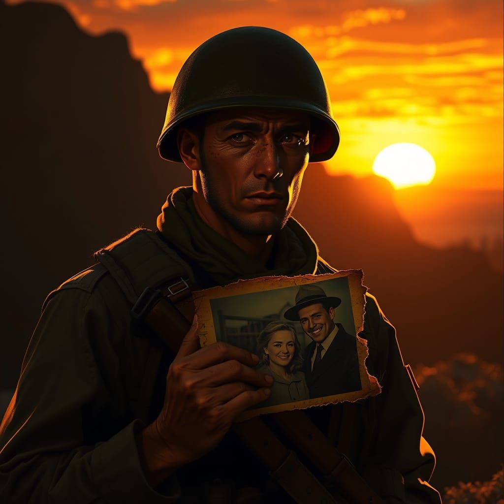 Silhouette of Soldier with Photograph at Sunset