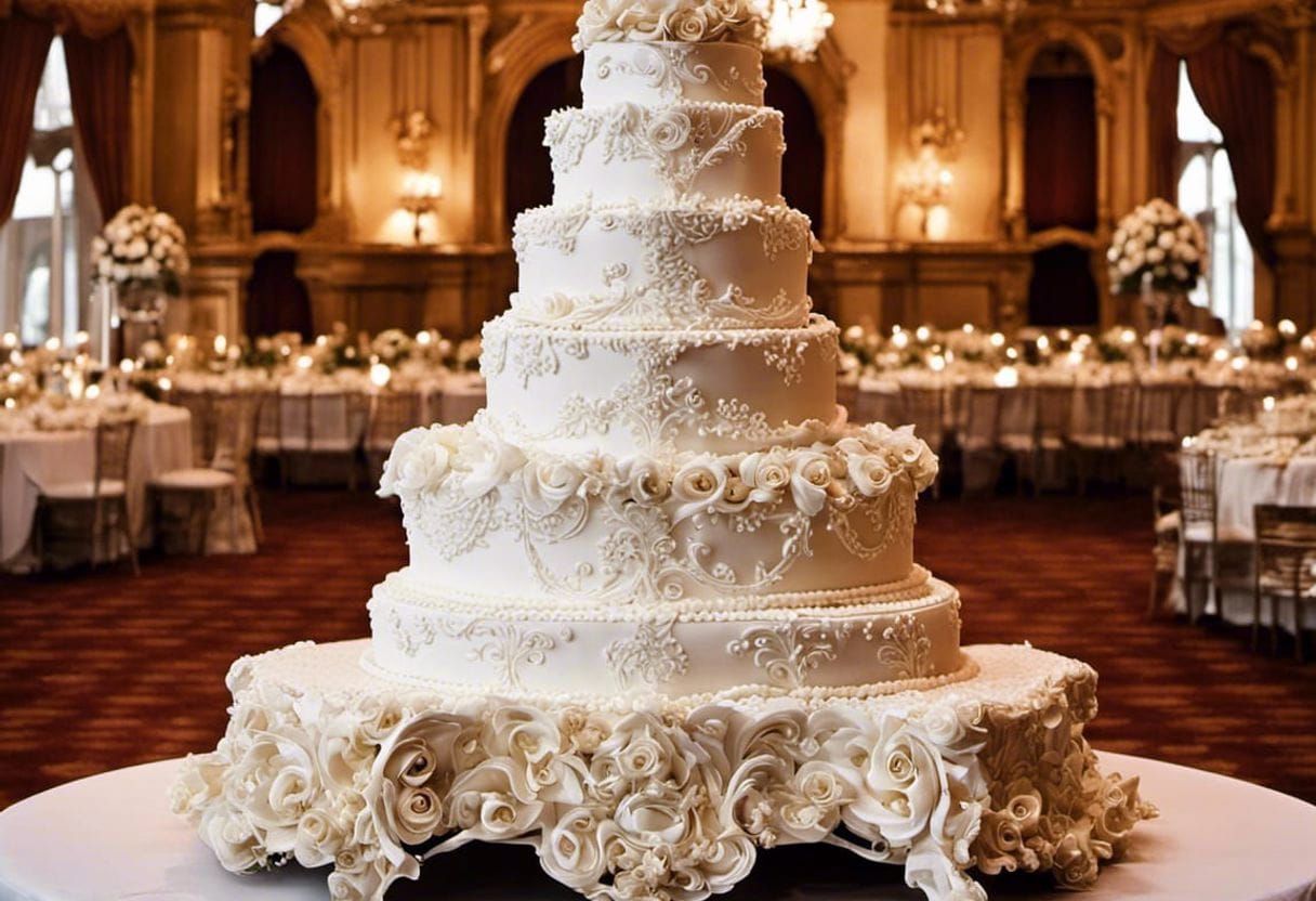 Wedding Cake Topped with Bride and Groom