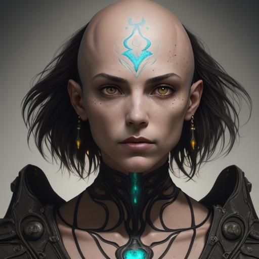 Athletic Bald Woman with Amoeba, Dark Fantasy Art