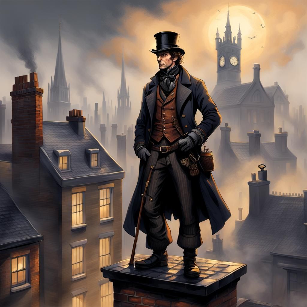 Soot-Covered Sweep Contemplates Victorian Cityscape in Warm...