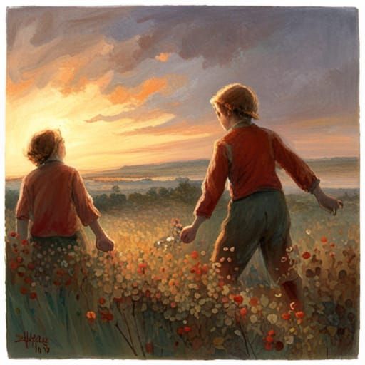 Schoolchildren Romping at Twilight in Surrey Fens