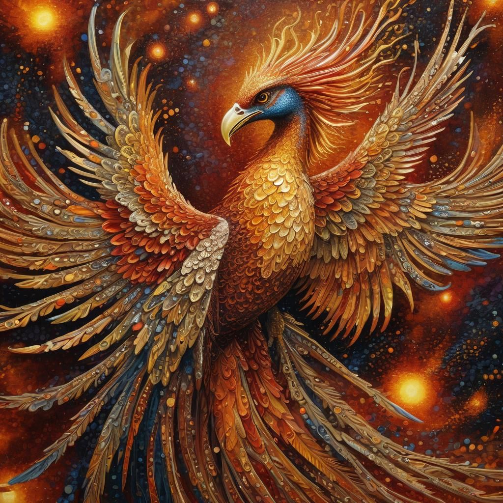 Golden Red Phoenix in Pointillism Style