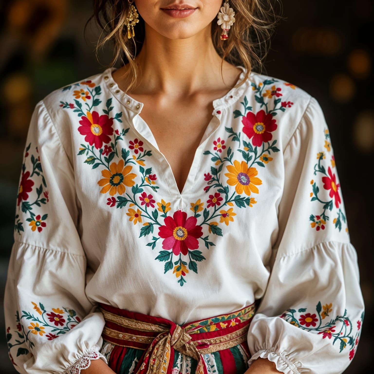 Romanian Blouse with Vibrant Floral Embroidery