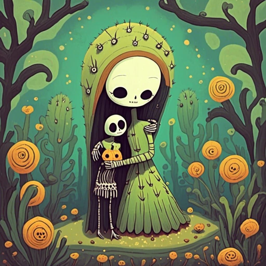 Wholesome Skeleton Woman Hugging a Cute Creature