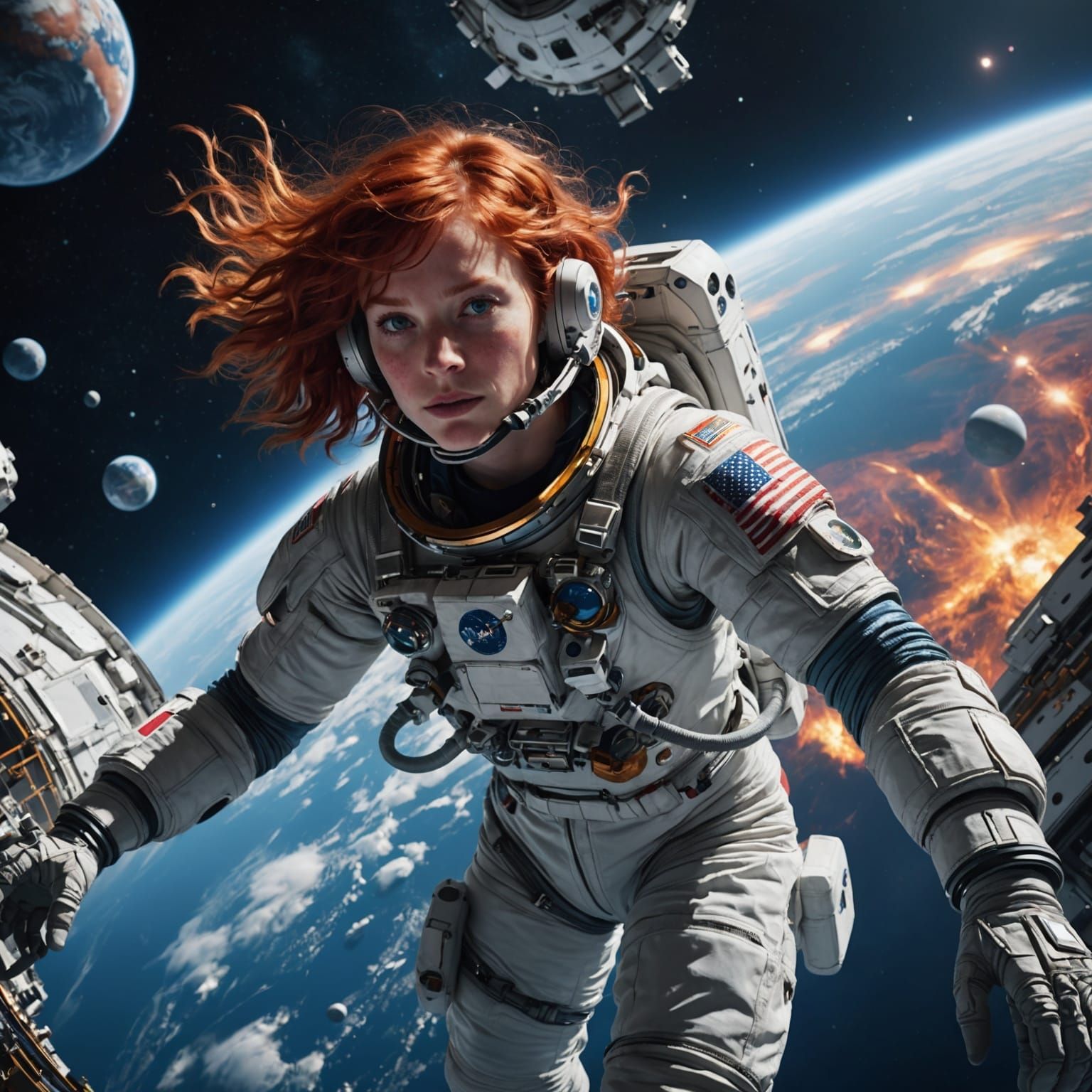 Astronaut Spacewalk with Swirling Colors, Digital Art