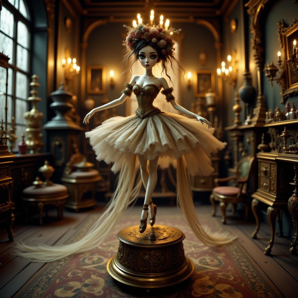 A clockwork ballerina with delicate brass gears and velvet.....
